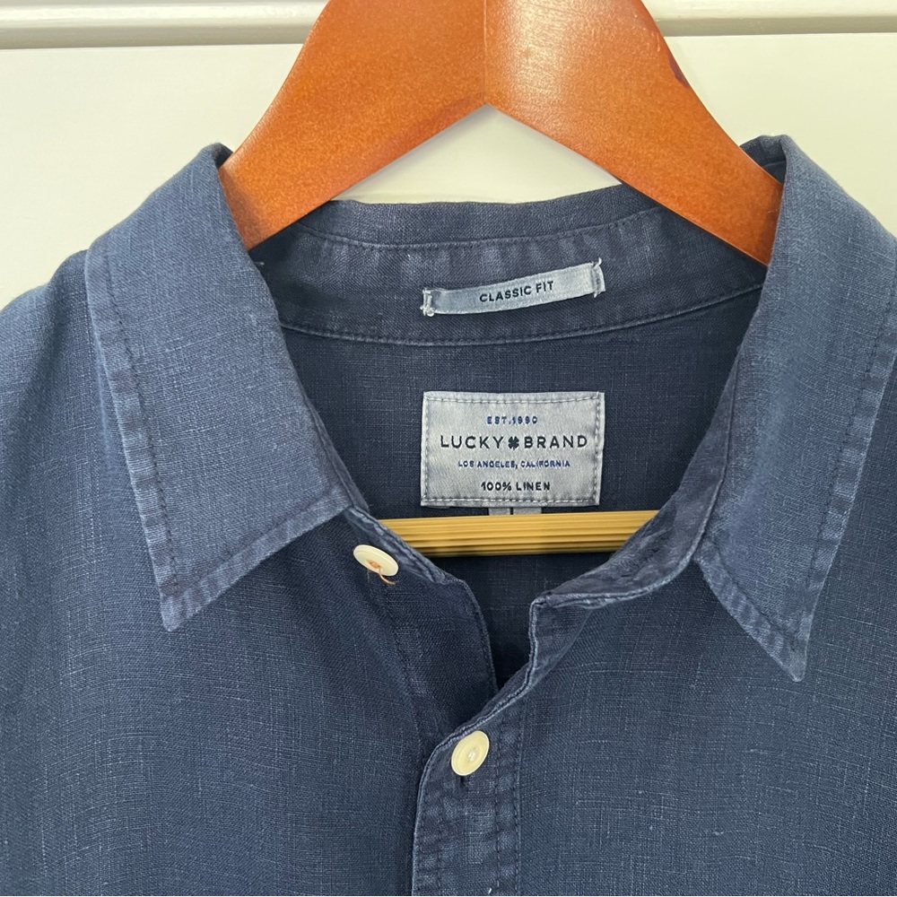 Lucky Brand, long sleeve button down shirt, dark denim blue, mint condition, L - Picture 2 of 3